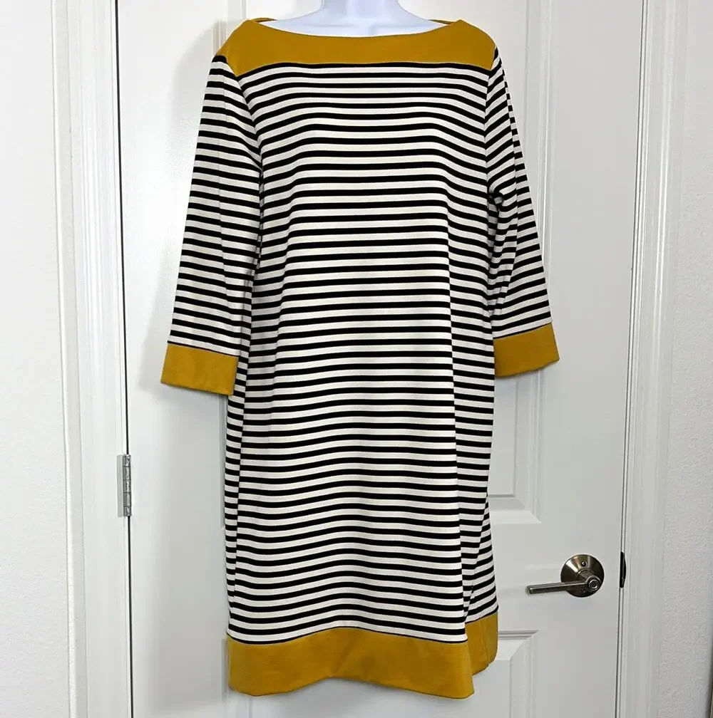 Isaac Mizrahi Women’s Shift Dress XL Black White Stripe Boat Neck 3/4 Knit